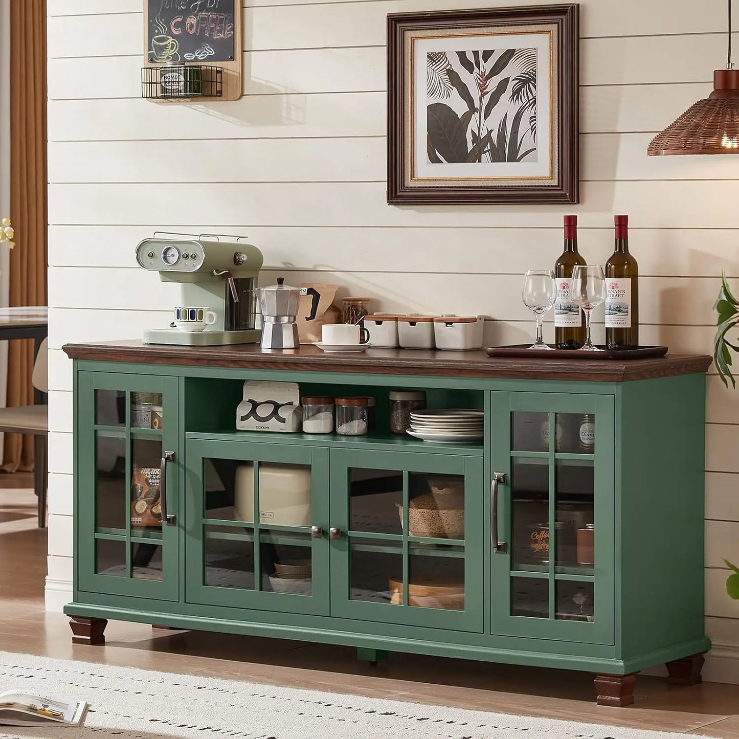 Large Sideboard Buffet Cabinet with Storage, Vintage White Farmhouse 60" Wide Credenza Accent Cabinets with Glass, Customized