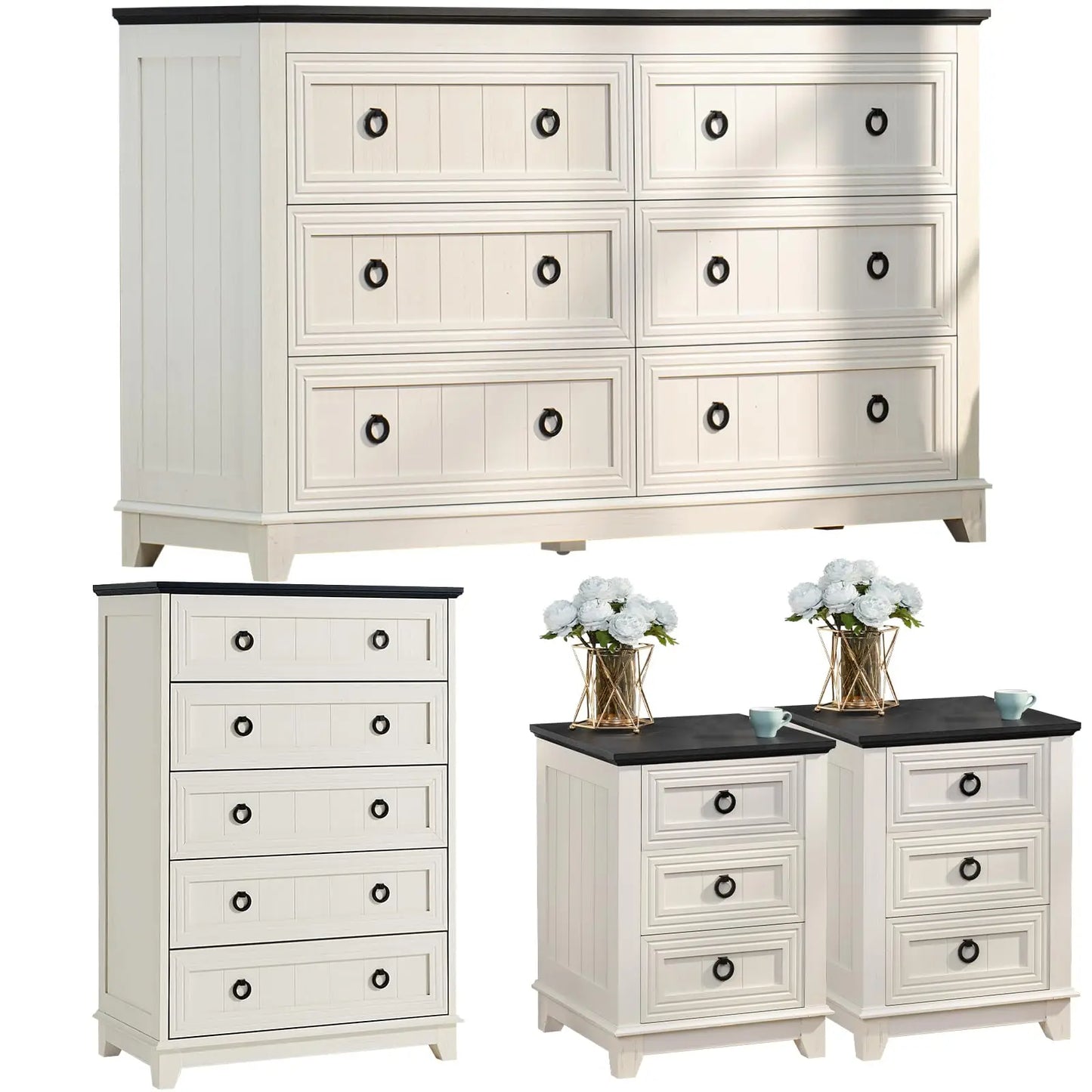 Bedroom Dresser and Nightstand Sets 4 Piece,18" Nightstands Set of 2, 54" Wide Furniture Dressers for Bedroom,Living Room, Black