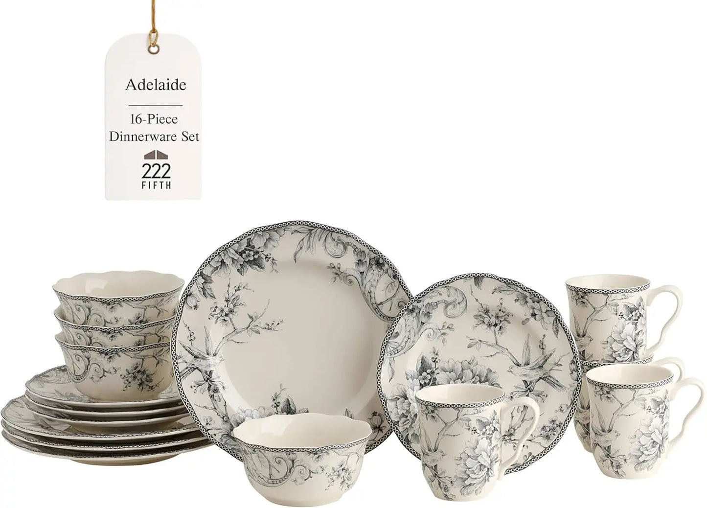 BestsellerAdelaide Moss 16-Piece Porcelain Dinnerware Set – Service for 4, Plates, Bowls & Mugs, Hand-Applied Decal, Microwave &