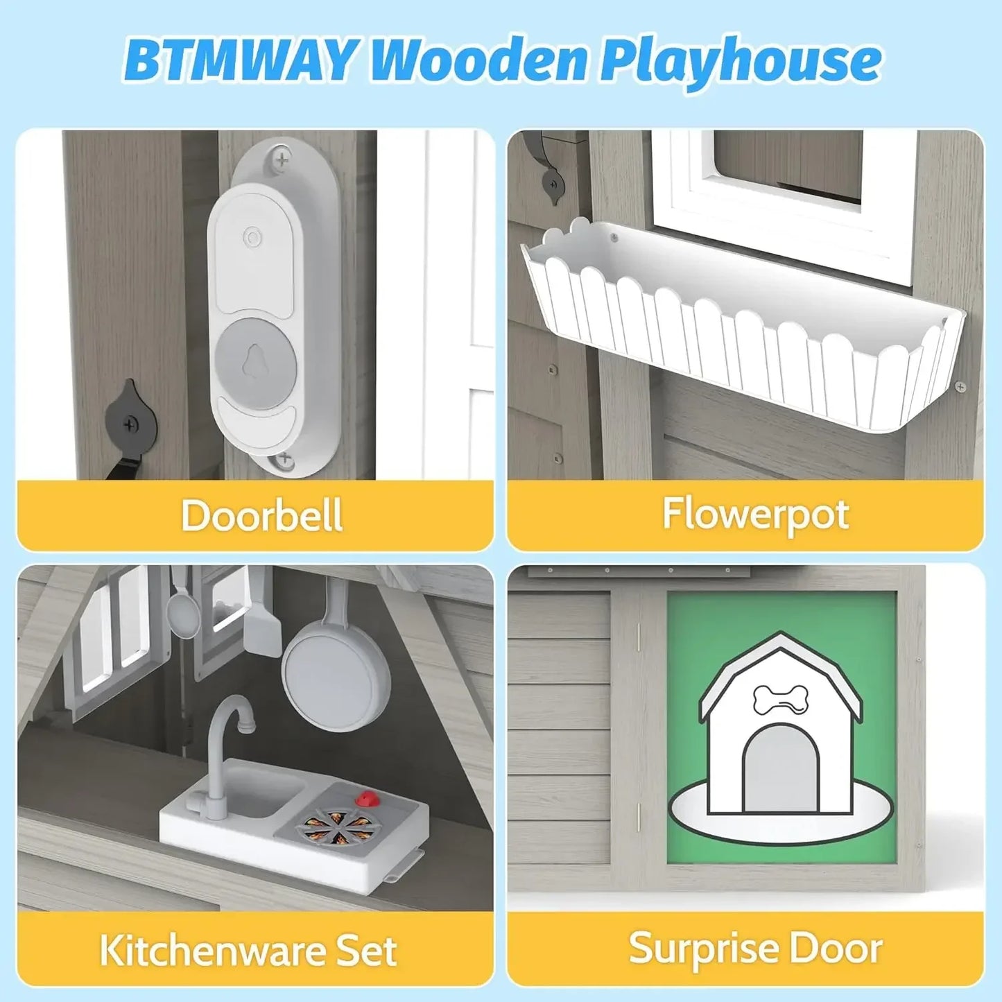 Kids Outdoor Playhouse,Cedar Gray Wooden Play House for Kids Ages 3-8, with Play Kitchen, Interactive Doorbell, Toy Phone, Sink,