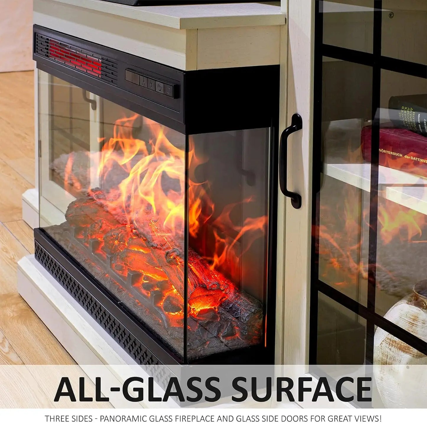 Three Sided Glass Fireplace TV Stand With Adjustable Flame Effects