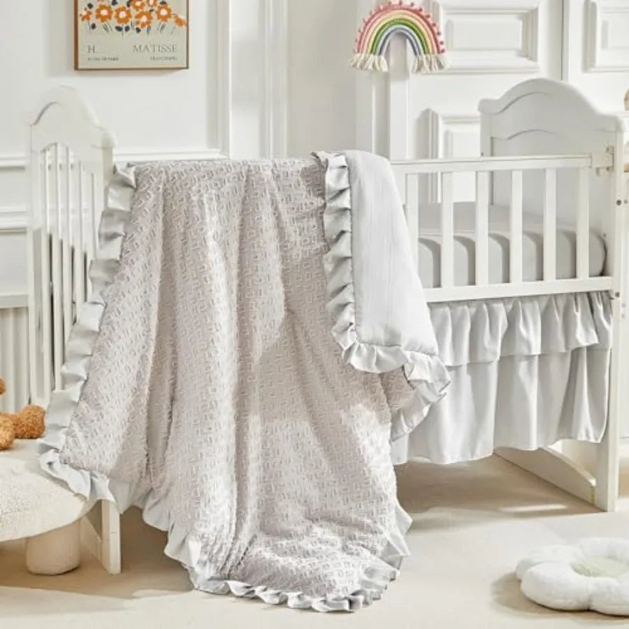 3 Pieces Tufted Crib Bedding Set with Ruffle Fringe Ruffled Comforter with Fitted Sheet and Bed Skirt Soft and Embroidery Shabb