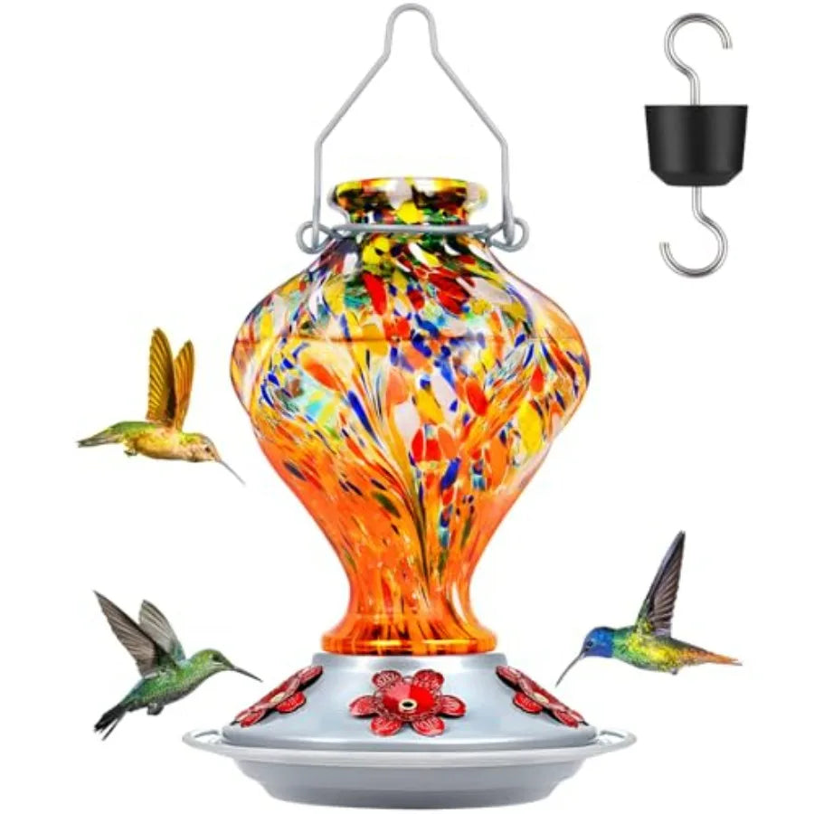 Hummingbird Feeder, Hand Blown Glass Hummingbird Feeders for Outdoors Hanging with Ant Moat, 5 Bee-Proof Ports, Leak-Proof, 360