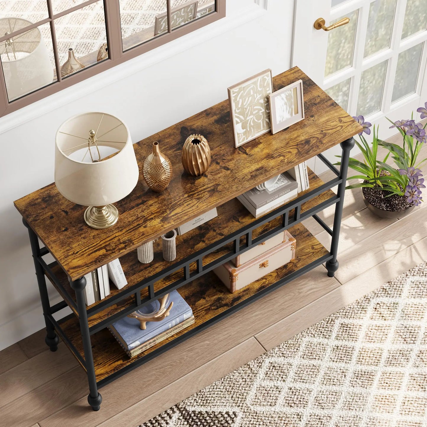 43" Rustic Console Table, 3-Tier Entryway Sofa Table with Shelves & Wood Grain Finish For Living Room Hallway Bedroom