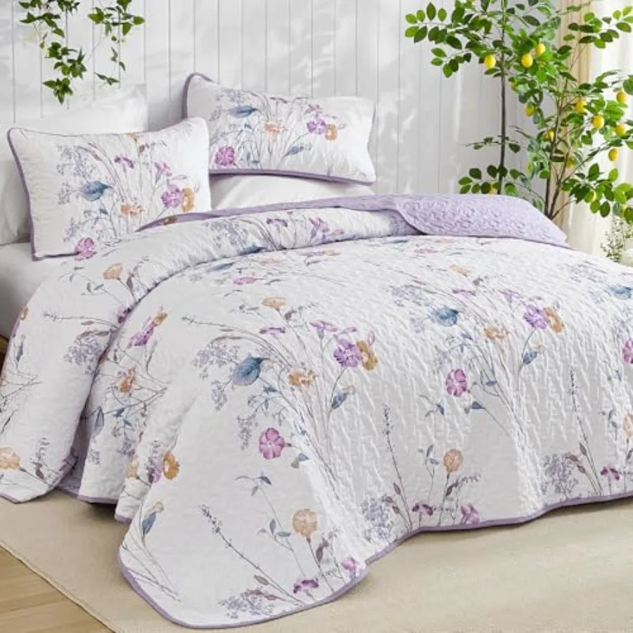 3 Pieces Quilt Set Size, Floral Botanical Plants Pattern Bedspread Coverlet Set with 2 Pillowcases, Soft Lightweight Microfiber