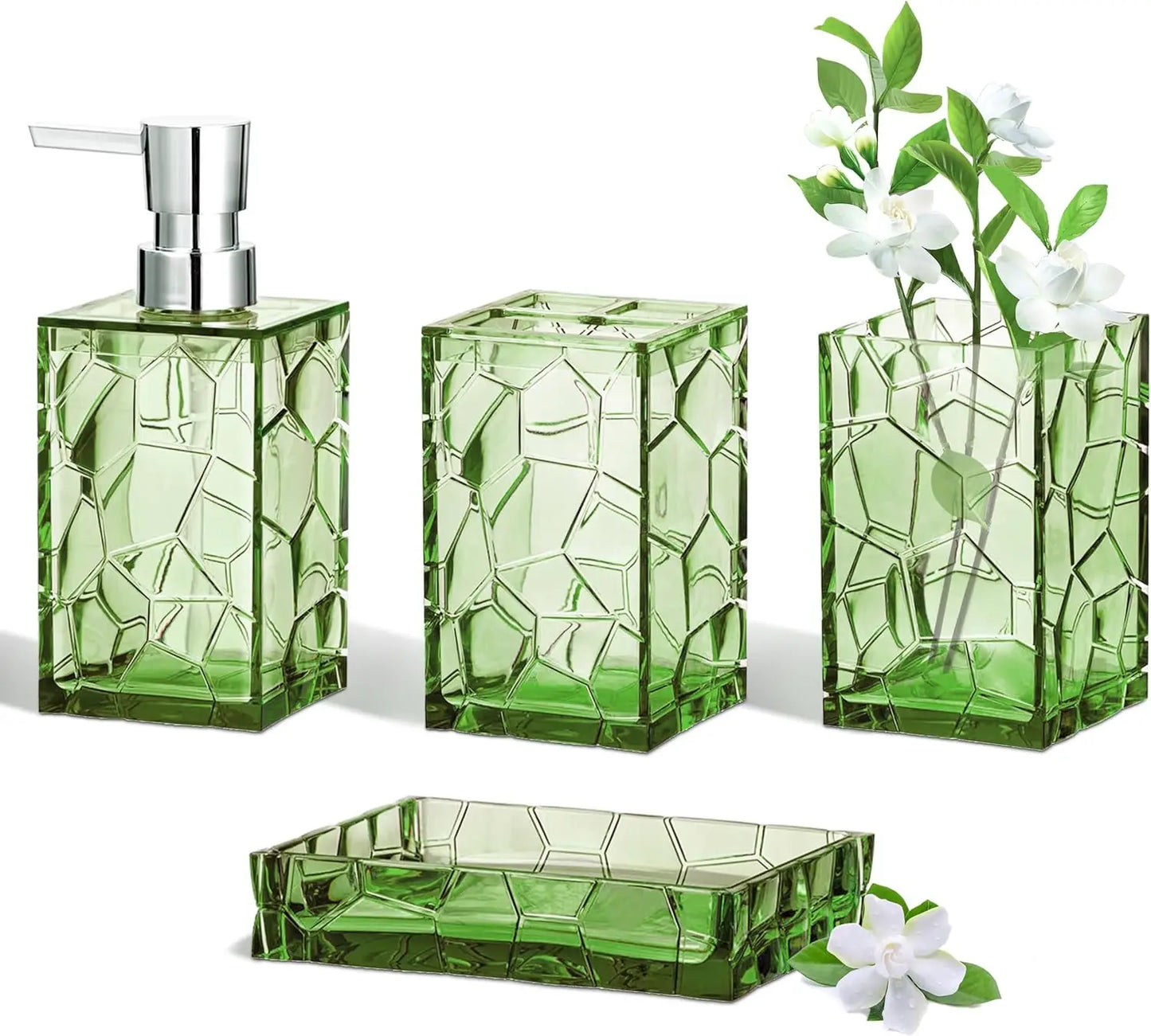 Sage Green Acrylic Bathroom Accessories Set with Soap Dispenser, Toothbrush Holder, Tumbler, Soap Dish - Strong & Durable Modern