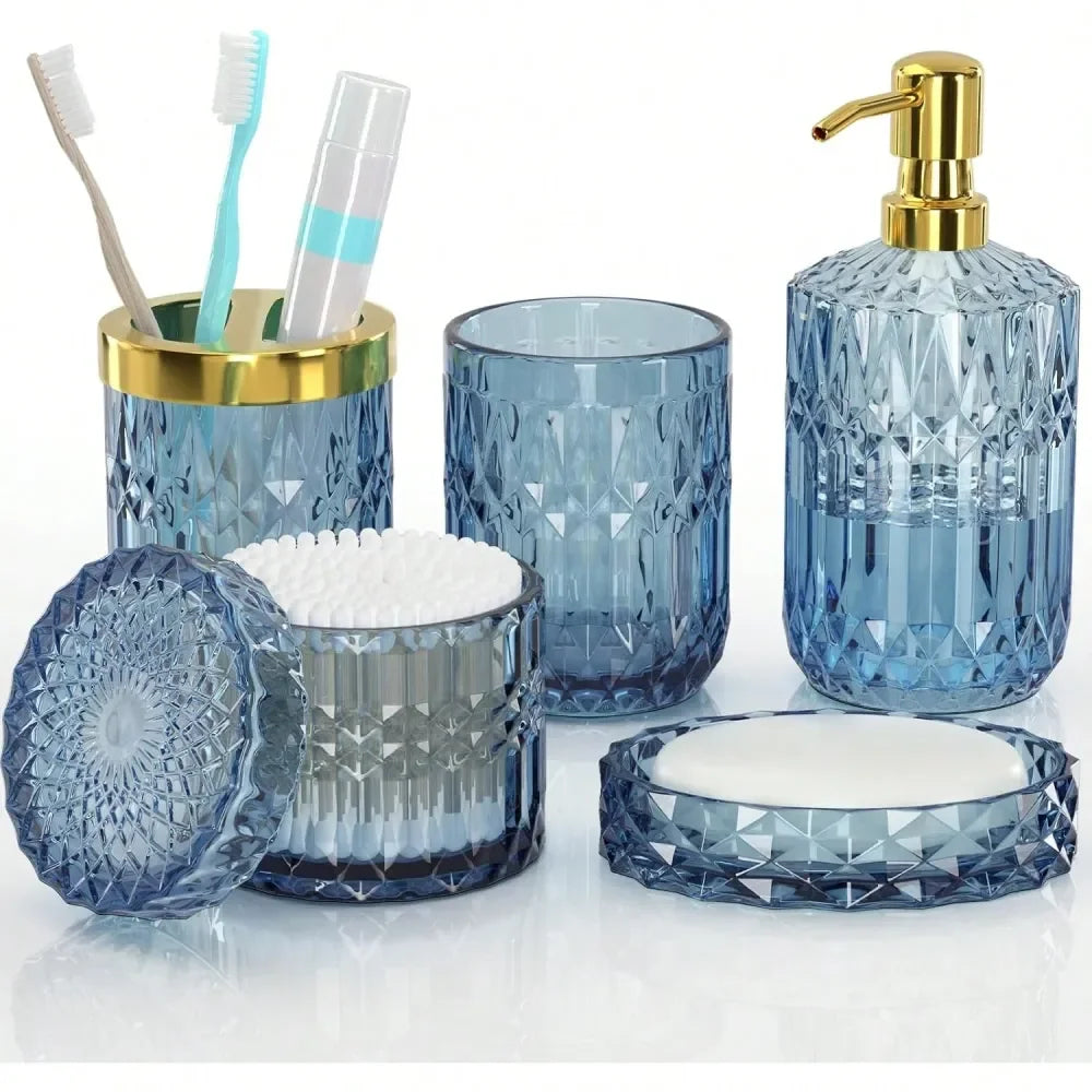 Bathroom Set,Blue Bathroom Accessories Set,Includes Lotion Soap Dispenser, Soap Dish, Toothbrush Holder, Tumbler, Cotton Swab J