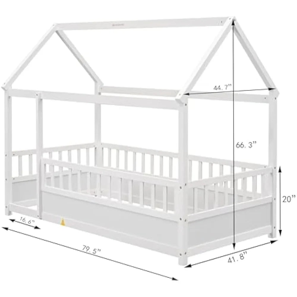 Montessori Floor Bed Twin Size, Twin Montessori Bed with Fence, Twin Size House Bed for Kids, Girls, Boys