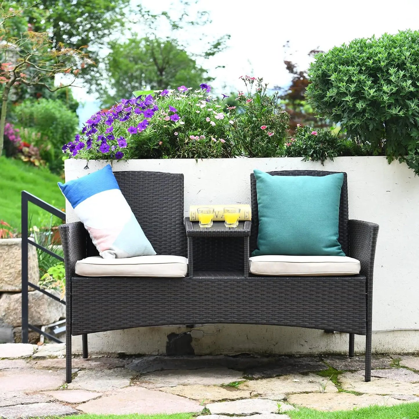 Outdoor Rattan Loveseat Modern Patio Conversation Set With Cushions Table