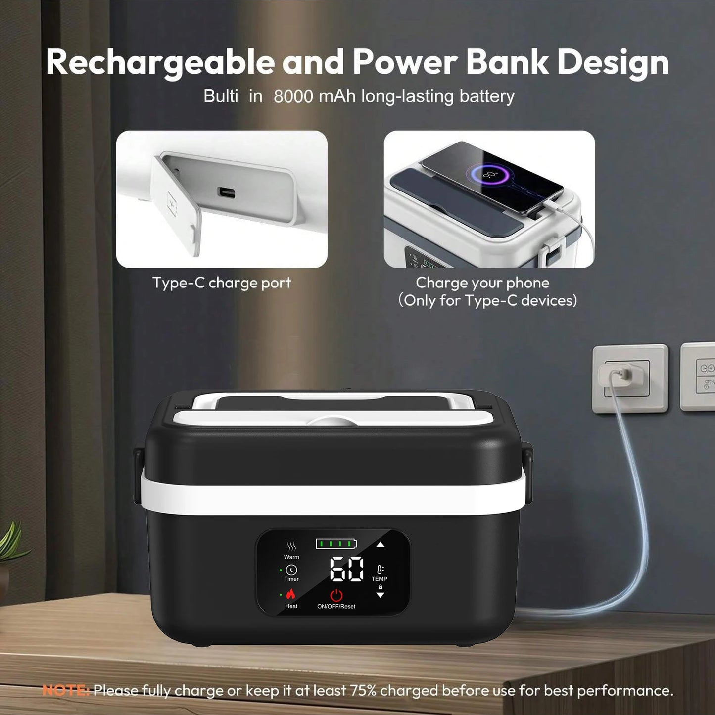 Wireless Insulated Lunch Box 1L Stainless Steel Warmer 60W 8000mAh