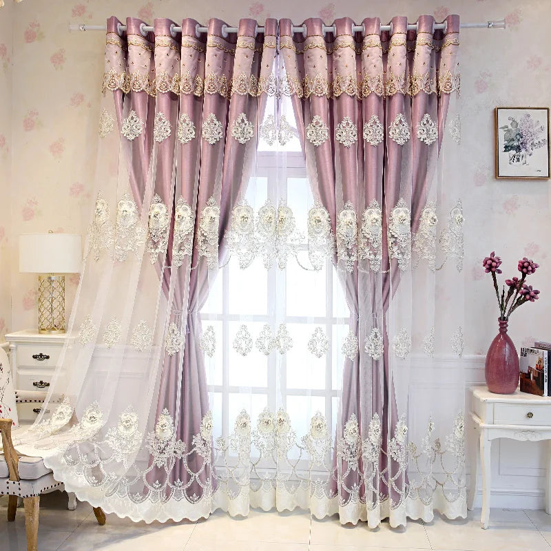 NONECN Elegant Double Layer Embossed 3D Embroidered Blackout Curtains Bedroom