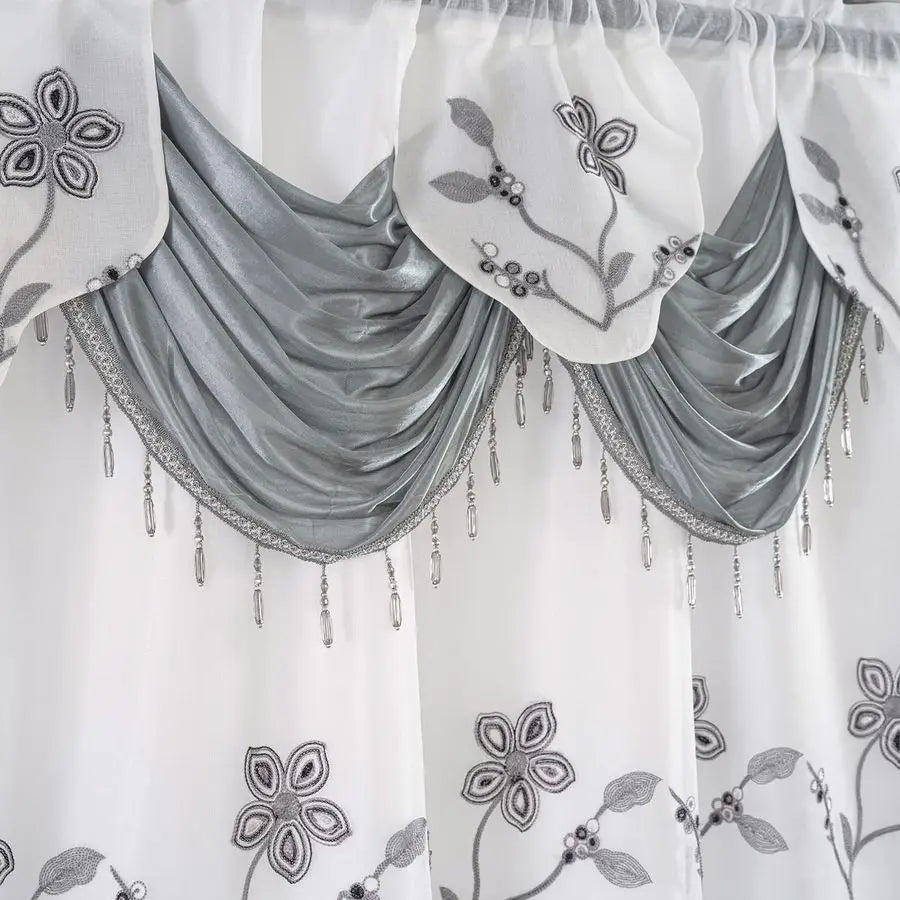 Embroidered Sheer Curtain 2 Panels Set Luxury Window Curtain Attached Valance with Satin Backing and 2 Tie Backs for Living Room