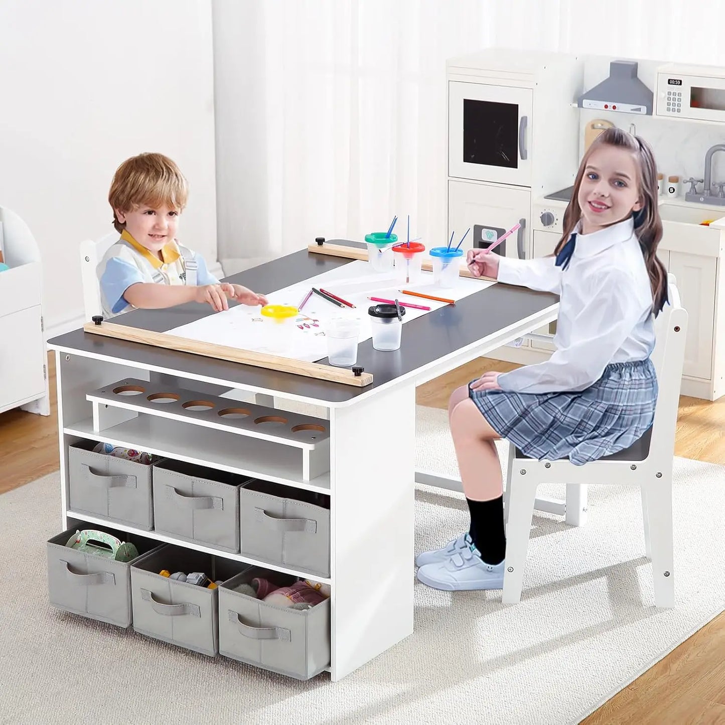 4 In 1 Kids Art Table and Chair Set Toddler Craft Storage Desk with Art Supply Organizer,Drawing Desk,Activity and Study Table