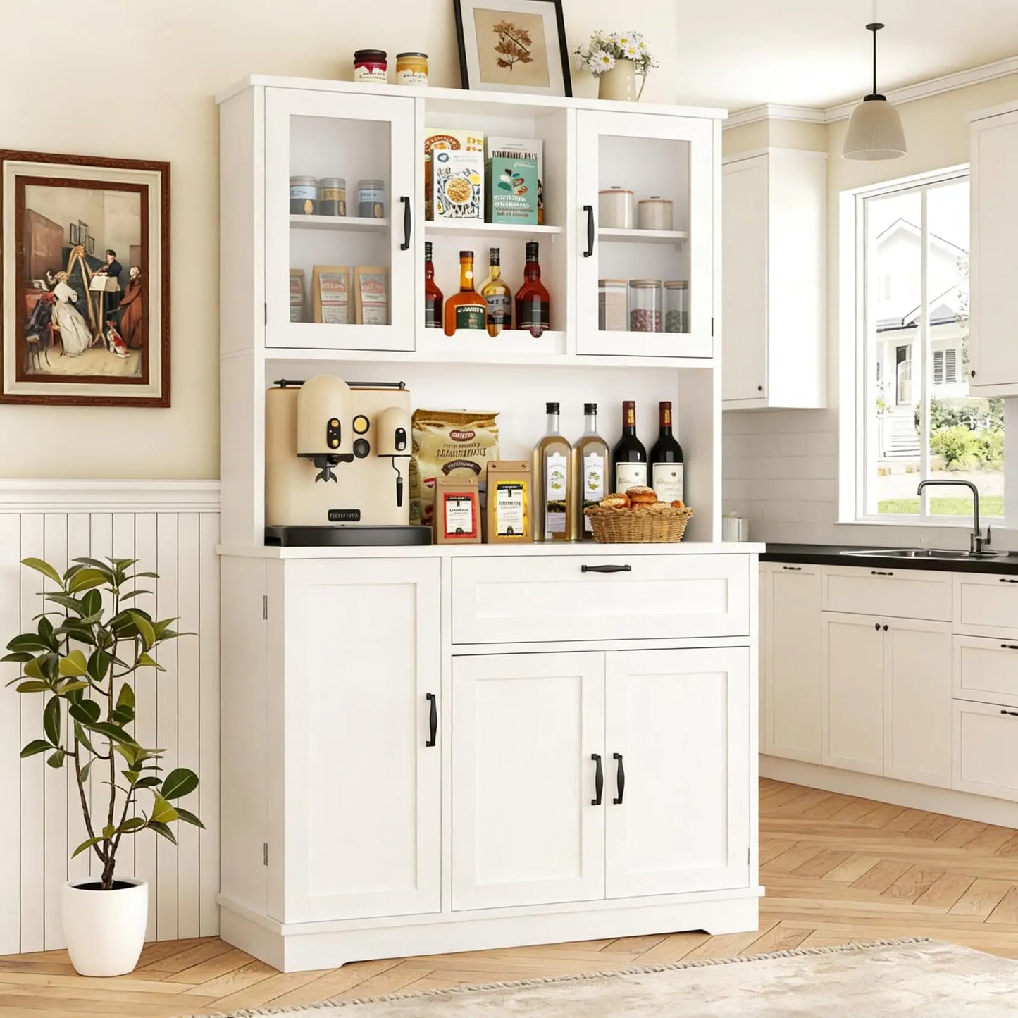 Vongrasig Tall Kitchen Pantry Cabinet Microwave Stand Storage Hutch Dining Living Room White