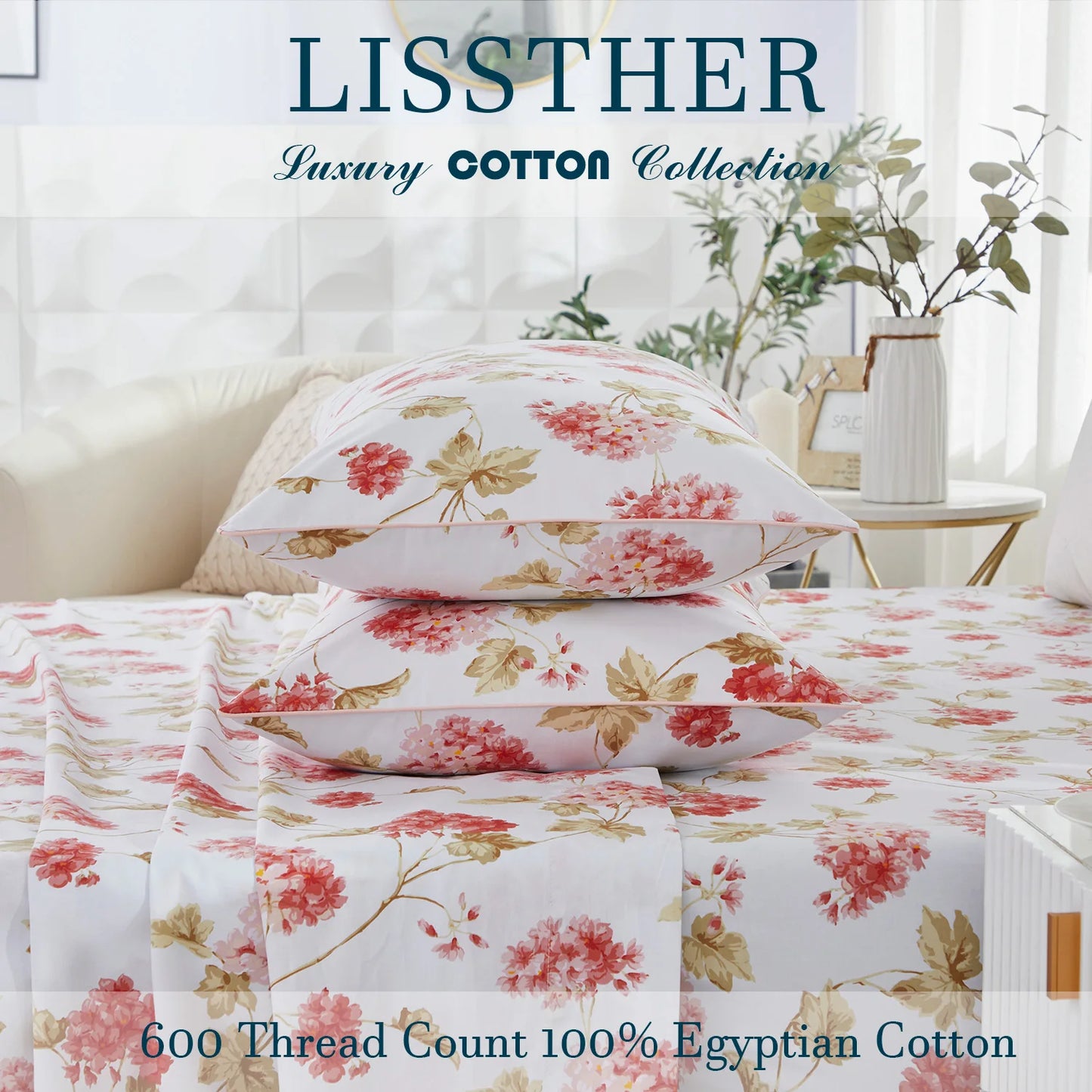 LISSTHERCN 3 Piece 600TC Egyptian Cotton Duvet Cover Set Floral