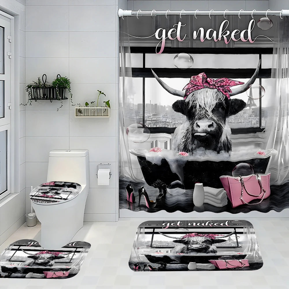 Cow Window Shower Curtain 4pc Polyester 2D Print Modern Home