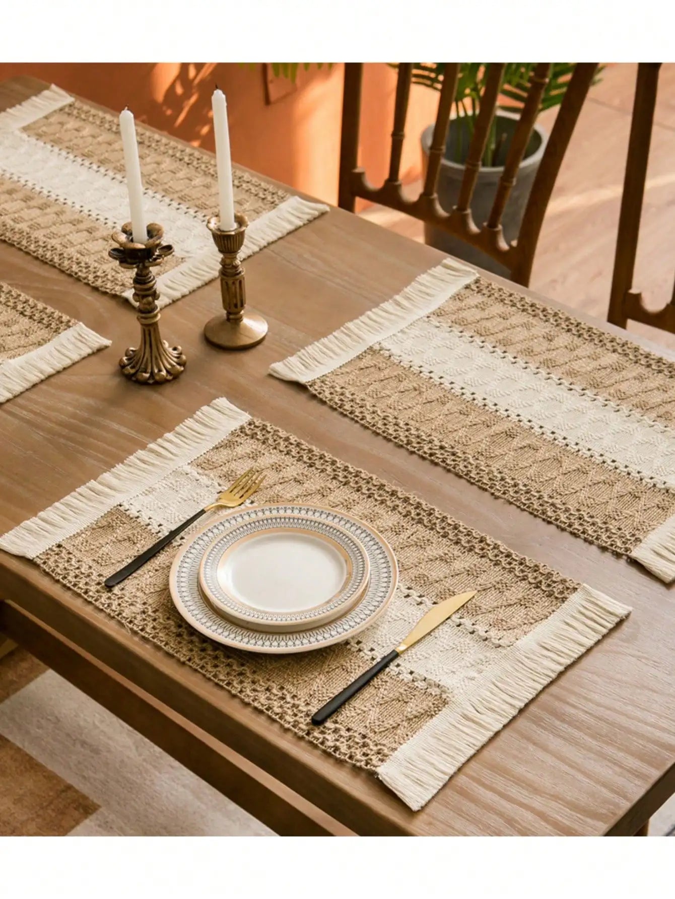 1/4/8pcs Linen Placemats, Placemats Rustic Hemstitch Place Mats For Kitchen Table