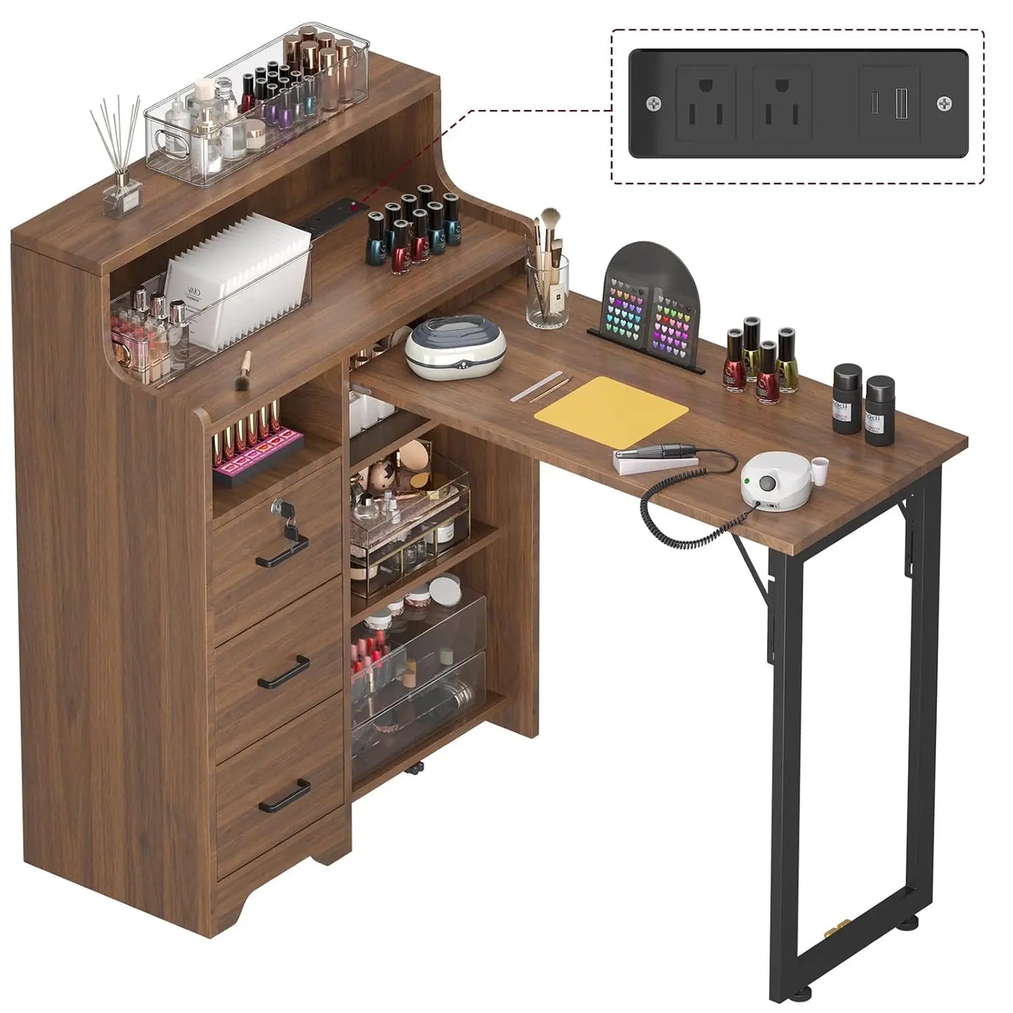 Nail Desk for Nail Tech, L Shape Foldable Manicure Table with Cabinet Drawer & Built-in Charging Station, Portable, Customized
