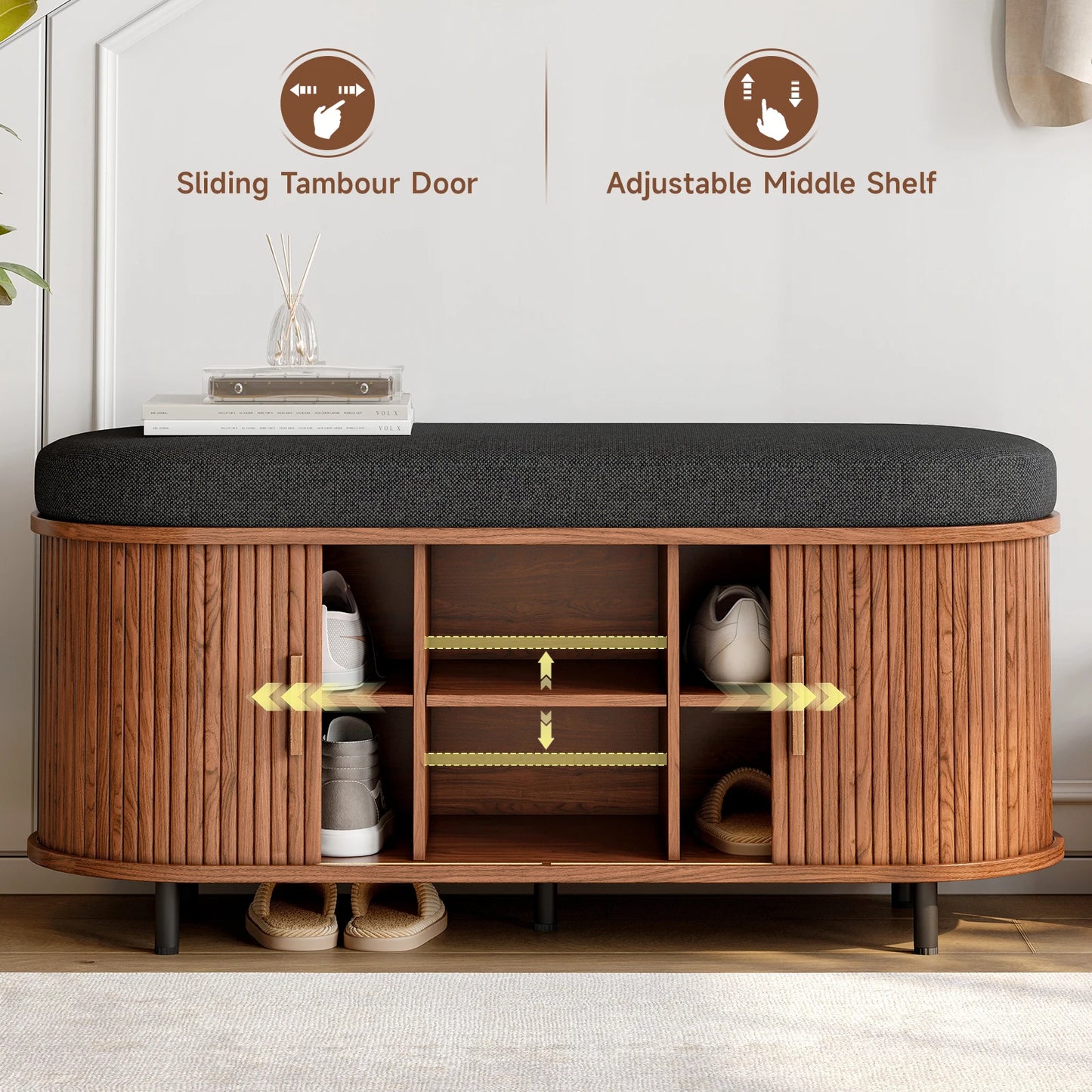 Shoe Bench 3 Tier Organizer With Cushion And Sliding Door