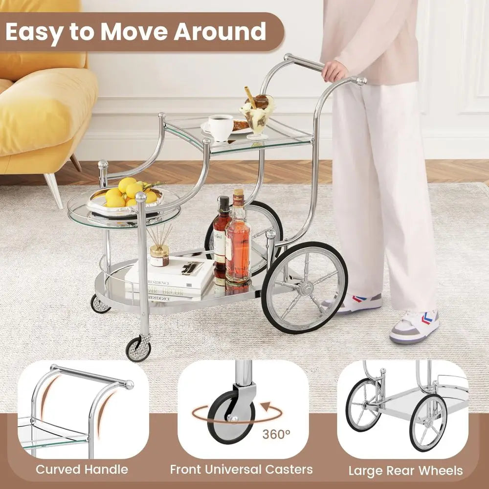 Glass Rolling Bar Cart, Rolling Serving Cart with 3Tier Shelf, Directional Wheels amp Universal Wheels, Mobile Wine Tea Serving