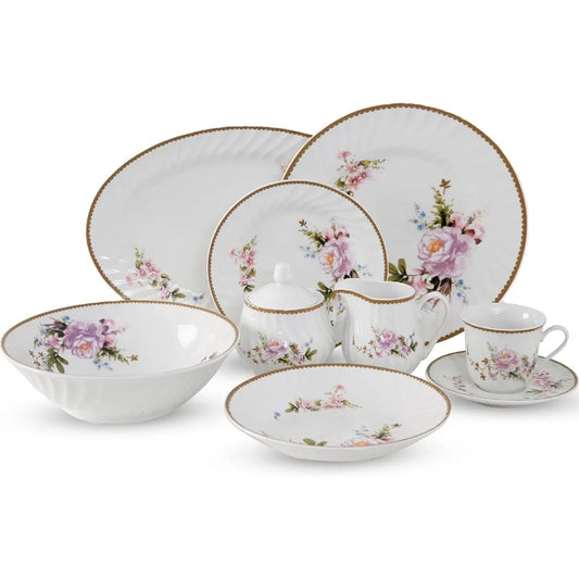 Paradise Timeless Rose Floral 45Piece Dinnerware Set Service for 6 Embossed Swirl Porcelain Plates and Bowls Gold Decal Trim Ap