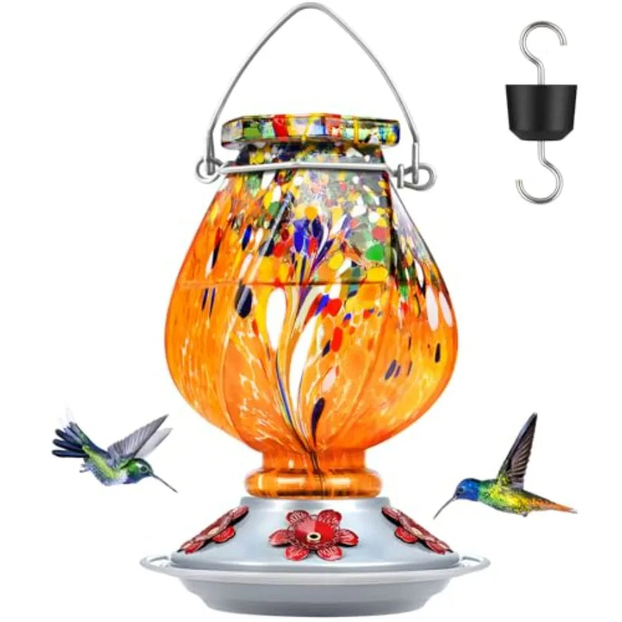 Hummingbird Feeder, Hand Blown Glass Hummingbird Feeders for Outdoors Hanging with Ant Moat, 5 Bee-Proof Ports, Leak-Proof, 360