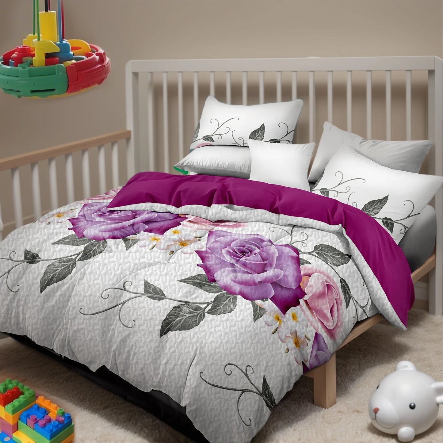 Pink Rose Floral 9Pcs Bedding Set Microfiber Bedspread 2 Printed 4 Solid Curtains 2 Pillowcases Home Decor