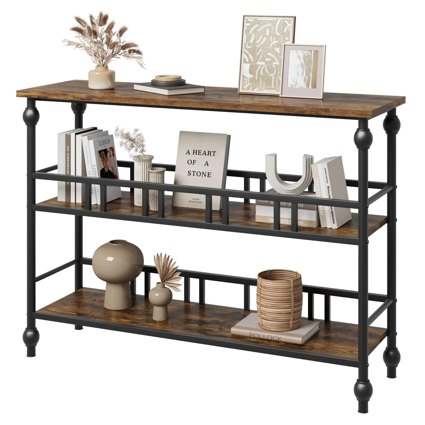 43" Rustic Console Table, 3-Tier Entryway Sofa Table with Shelves & Wood Grain Finish For Living Room Hallway Bedroom