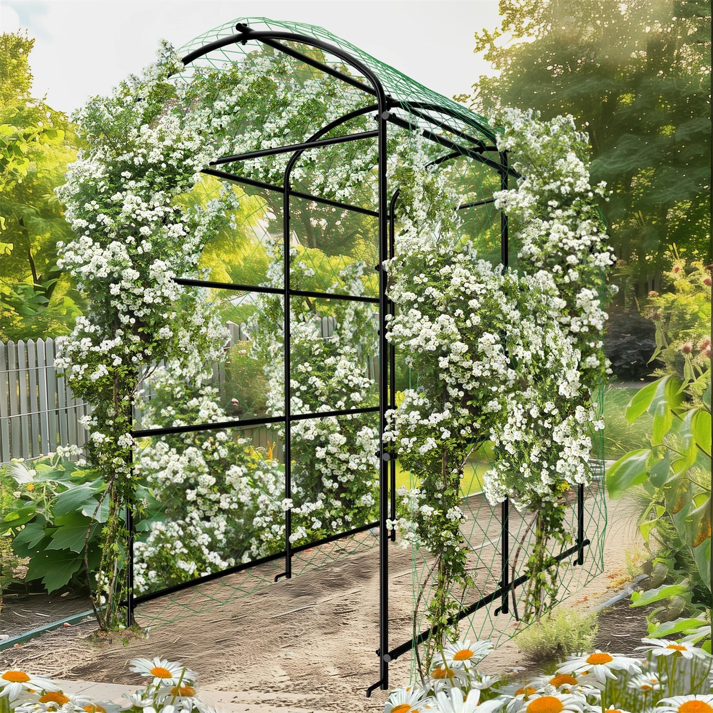 U-Shaped Garden Cucumber Trellis for Climbing Plants Support Frame with Nylon Netting and Spikes Metal Garden Trellis Arch