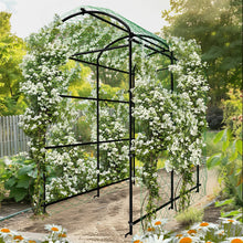 Tall garden trellis with blooming climbing flowers
