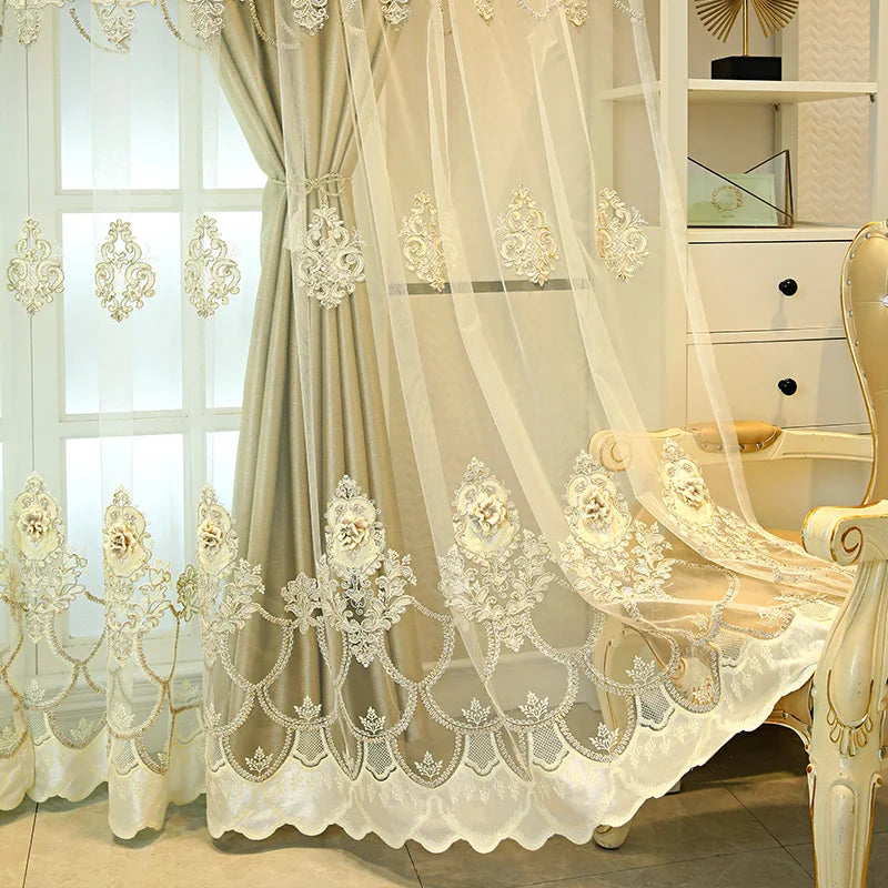 NONECN Elegant Double Layer Embossed 3D Embroidered Blackout Curtains Bedroom