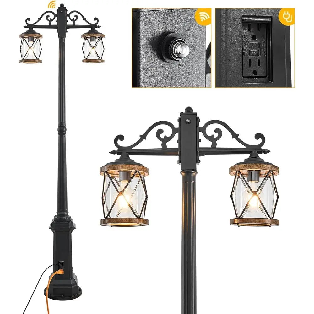 Dusk to Outdoor Lamp Post Lights with Outlet,Double-armhouse Street Light ixture,Black Pole Exterior Lights, Waterproo Lantern O