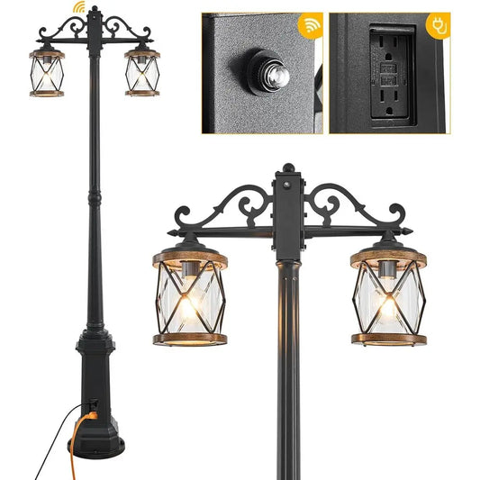 Dusk to Outdoor Lamp Post Lights with Outlet,Double-armhouse Street Light ixture,Black Pole Exterior Lights, Waterproo Lantern O
