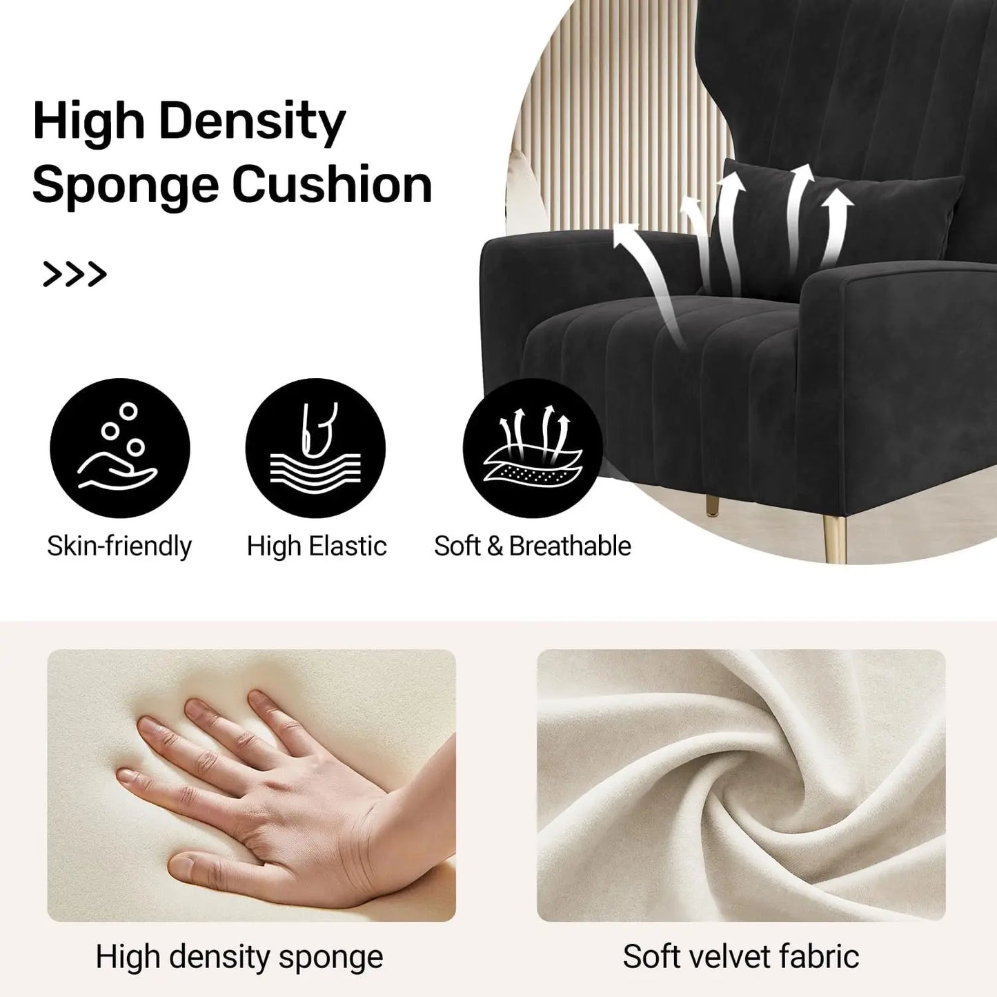 Black Velvet Accent Chair Set of 2, Wingback Chair for Living Room, High Back Arm Chair with Golden Legs Lumbar Pillow, Upholste