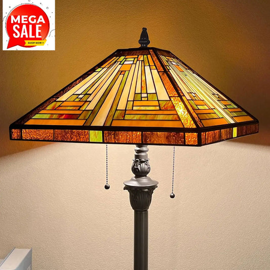 Capulina Tiffany Lamp Stained Glass Floor Lamp 2-Light 16X16X63 Inches Amber Brown Mission Antique Tiffany Style Standing Readin
