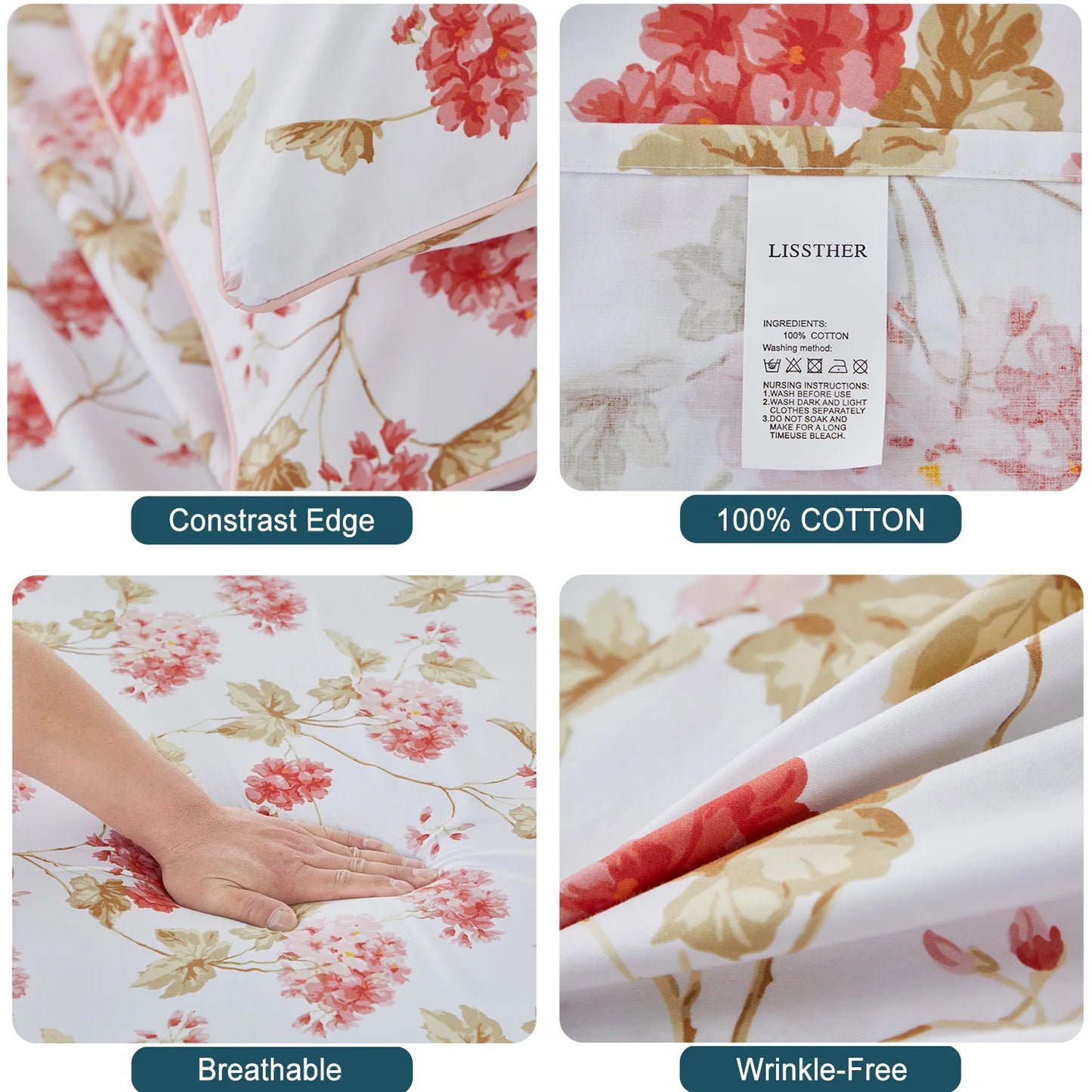 LISSTHERCN 3 Piece 600TC Egyptian Cotton Duvet Cover Set Floral