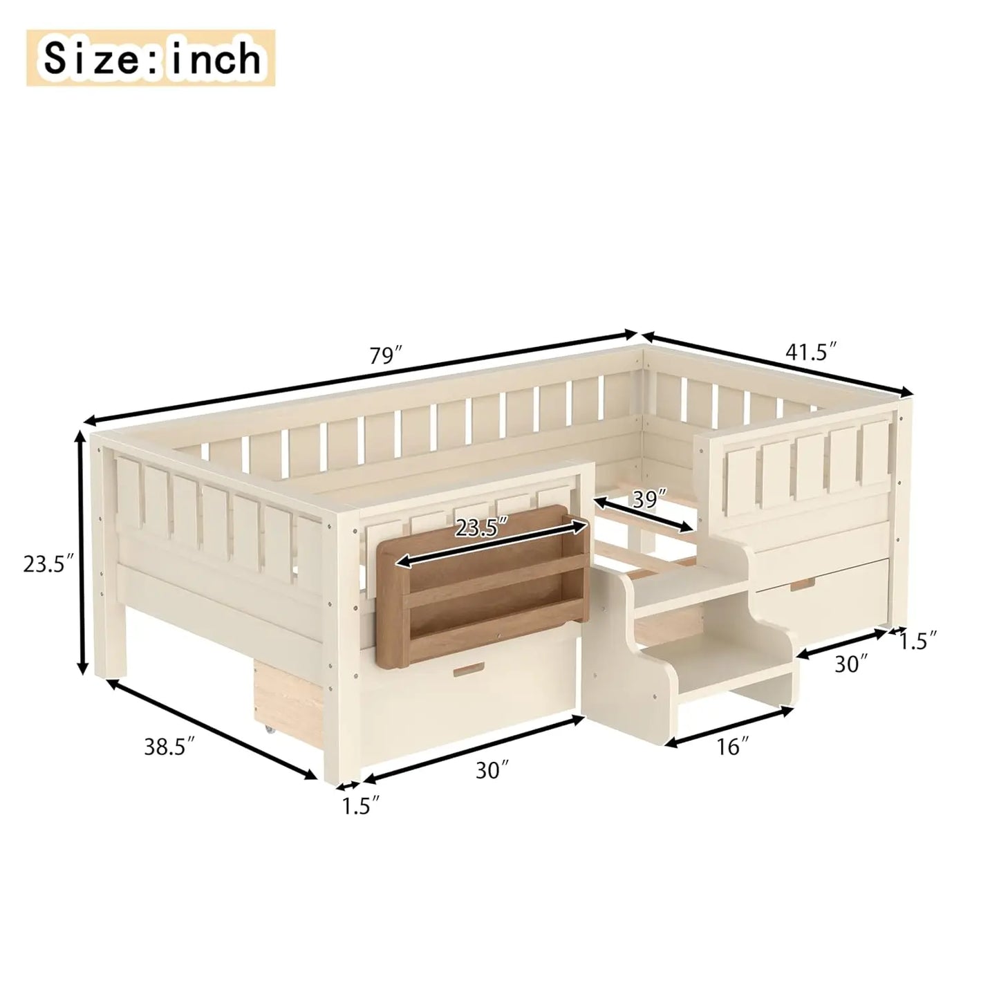 Twin Kids Bed with High Rails Built-in Bookshelf Drawers Wood Montessori Bed for Girls Boys Beige, Customized