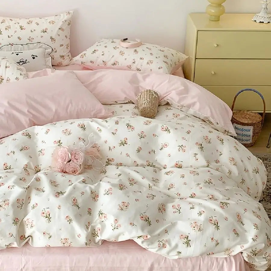 Duvet Cover Set Queen Size,Pink Floral Flowers Bedding Duvet Cover Queen with Zipper Closure,Reversible Comforter Duvet Cover an