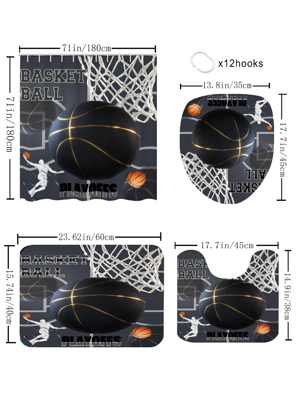 Basketball Themed Four-Piece Bath Set With Waterproof Shower Curtain
