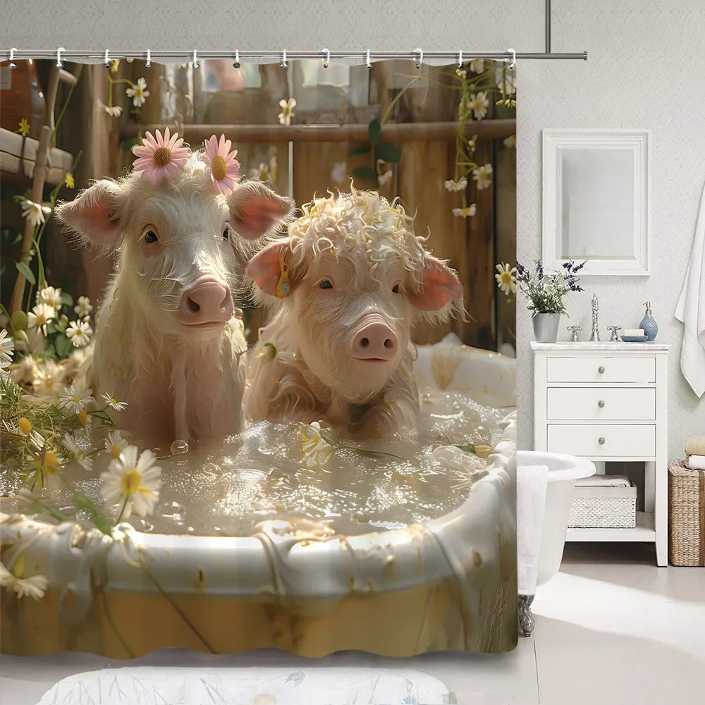 Cute Pig Bath Curtain For Kids Cartoon Animals Polyester