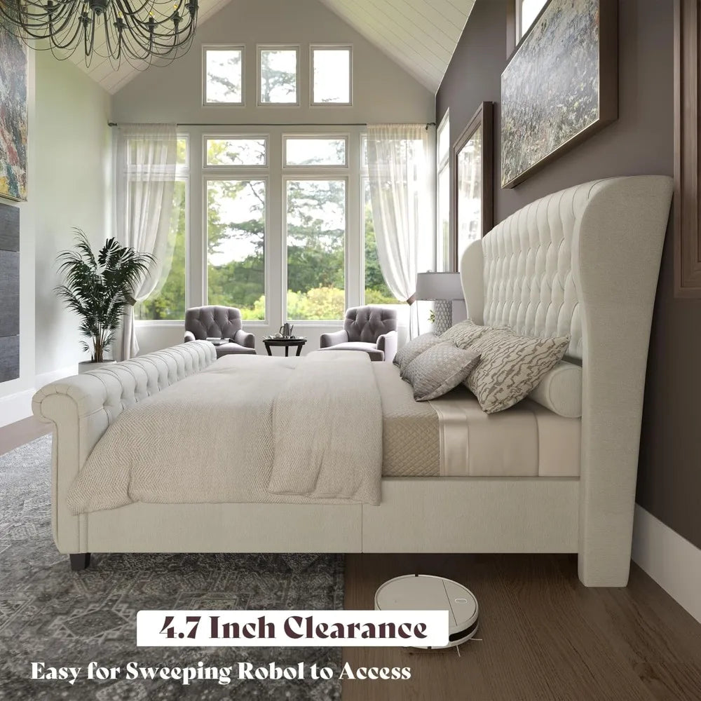 California King Size Platform Bed Frame, with Scroll Wingback Headboard & Footboard, Velvet Upholstered Sleigh Bed