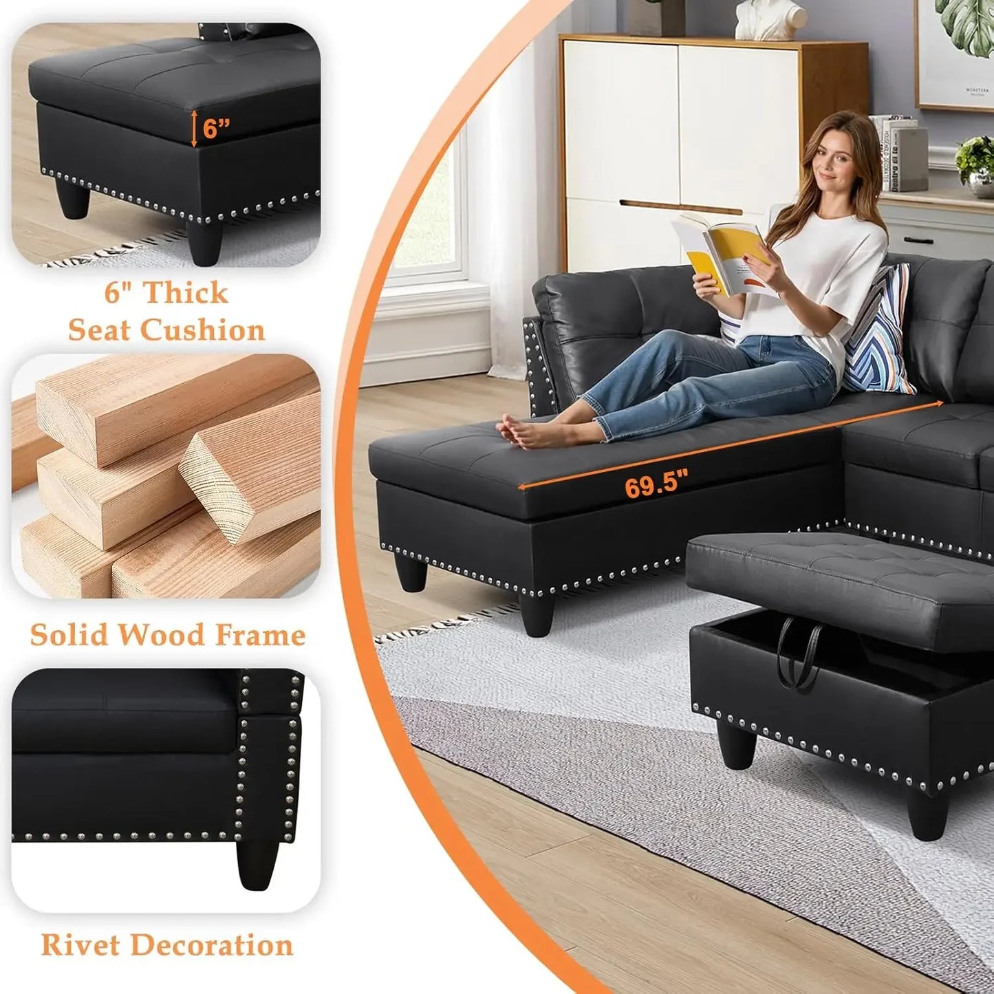 Sectional Sofa Couch Modern 4 Seater With Chaise Lounge Ottoman