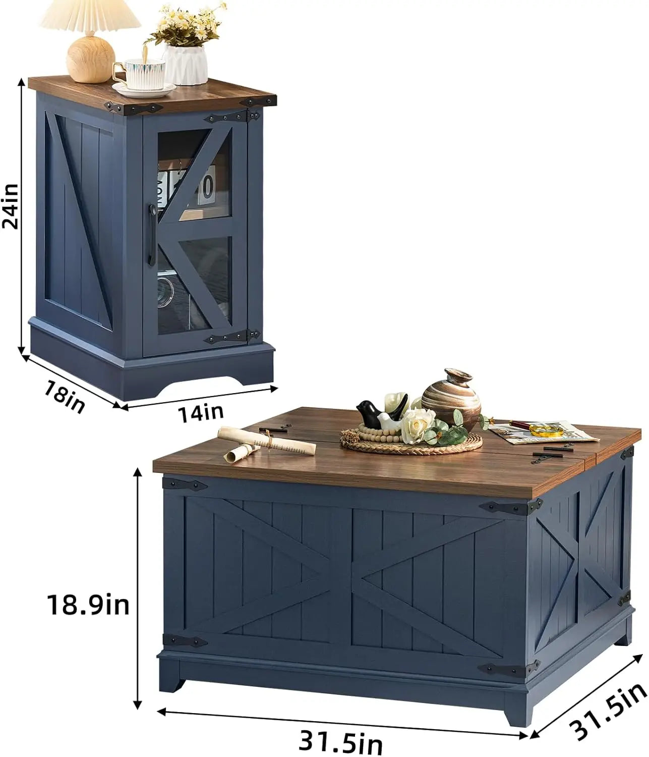 Farmhouse Coffee Table Sets 3 Pieces, Narrow Night Stand with Glass Barn Door Storage, Wood Furniture Sets for Living Room, Blue
