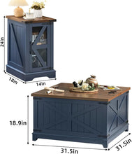 Farmhouse Coffee Table Sets 3 Pieces, Narrow Night Stand with Glass Barn Door Storage, Wood Furniture Sets for Living Room, Blue
