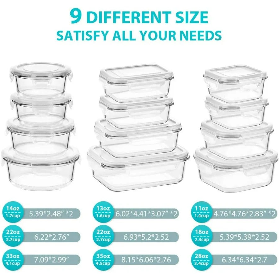 Glass Food Storage Containers with Lids, [24 Piece] Meal Prep Containers, Airtight Glass Bento Boxes, BPA Free & Leak Proof (12