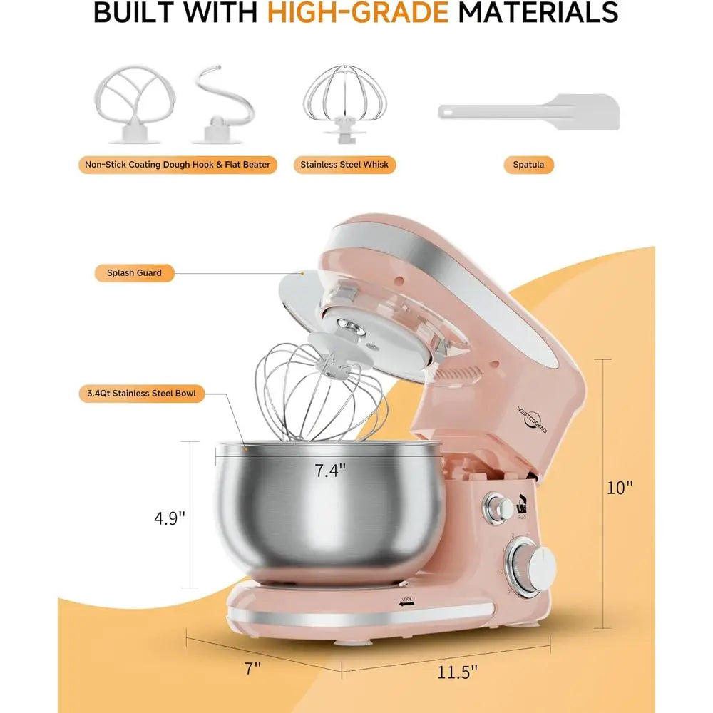 3.4 Quart Electric Stand Mixer - 6 Speeds, Portable Kitchen Mixer with Egg Whisk, Dough Hook, Beater for Daily Use in Pink