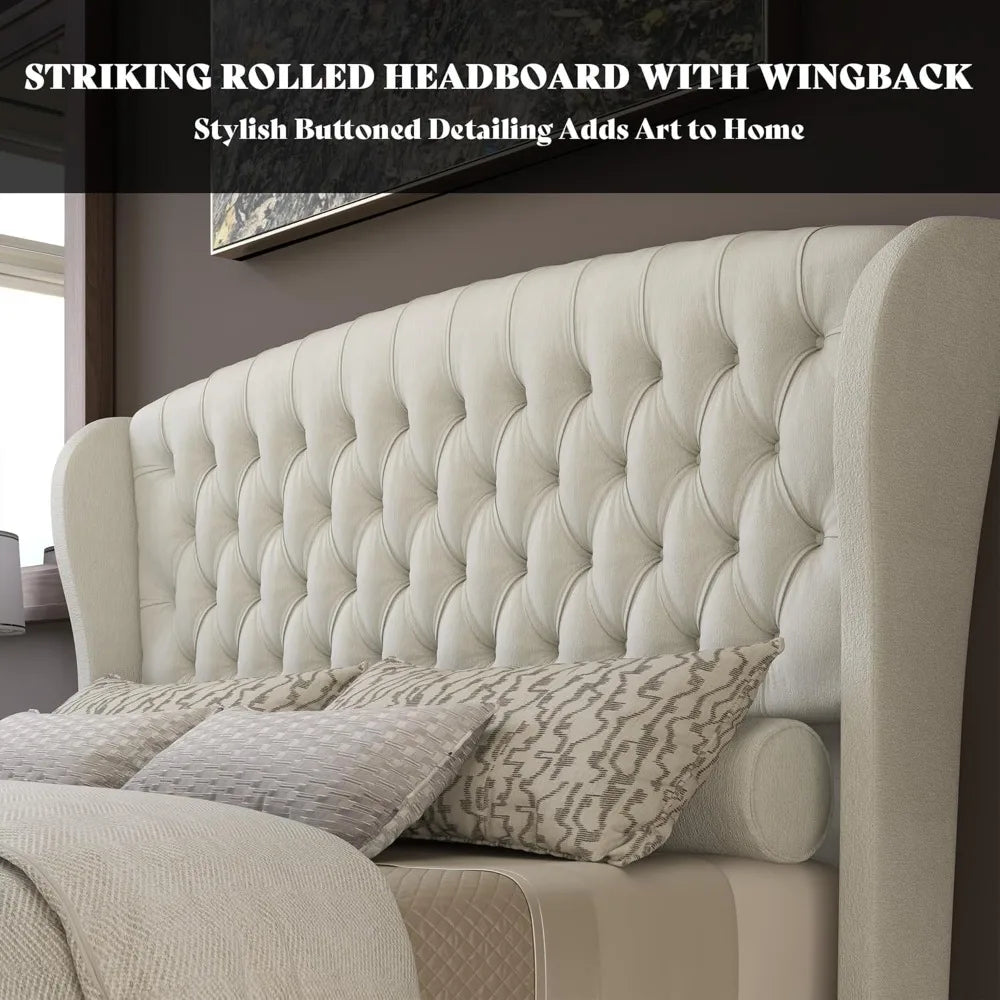 California King Size Platform Bed Frame, with Scroll Wingback Headboard & Footboard, Velvet Upholstered Sleigh Bed