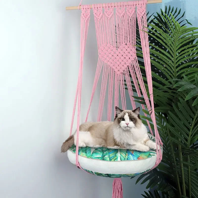 LEZIZI Handwoven Cotton Tapestry Pet Hammock Swing Bed Macrame