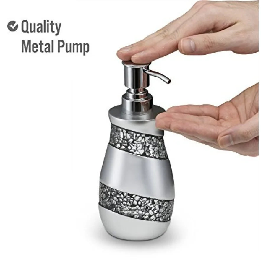 Silver Mosaic Bathroom Accessories Set 6 Piece Complete Set with Trash Can Tissue Cover Soap Dispenser Toothbrush Holder Tumble