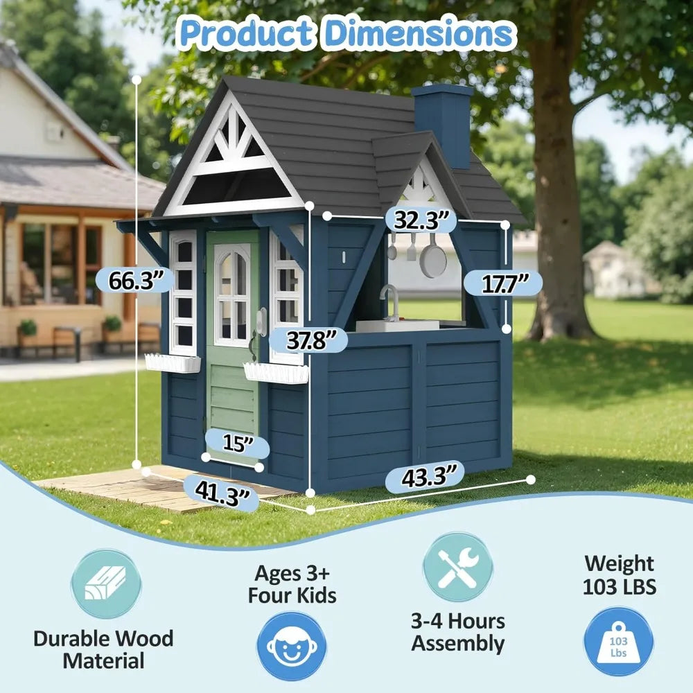 Playhouse Outdoor,Wooden Play House Playset, Large, Sturdy, Realistic Design with Kitchen, Doorbell, Customized